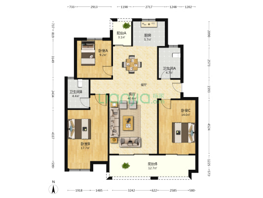 石雪公寓南区 3室1厅2卫 124平方