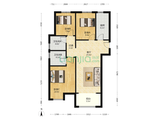 正商生态城一号院 3室1厅2卫 120平方