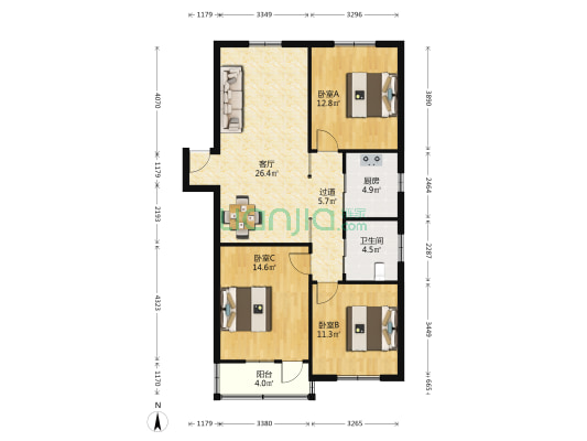 花园路 3室1厅1卫 100平方