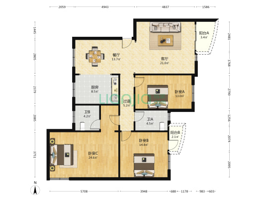 裕景阁 3室2厅2卫 132平方
