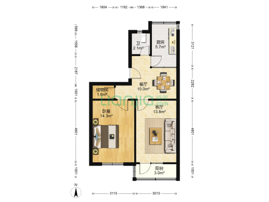 二轻局家属院（旧大路/东岗西路） 1室2厅1卫 69平方