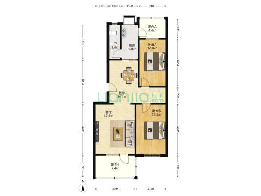 省地震局宿舍 2室2厅1卫 89平方
