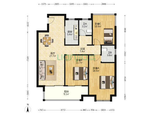 高速时代御府（芳园） 3室1厅2卫 129平方