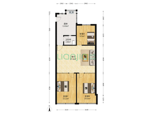 汉中西路68号 3室1厅1卫 96平方