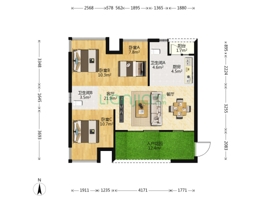 中铁城吉第一期 3室1厅2卫 88平方