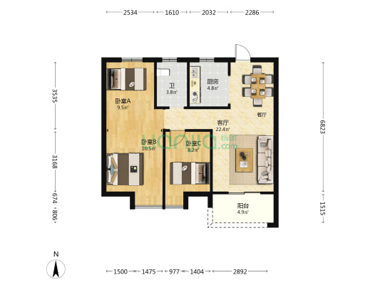 海伦堡大城小院 3室1厅1卫 88平方