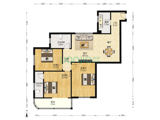 恒安大厦 3室1厅2卫 135平方