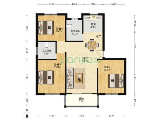 丽景家园 3室1厅2卫 107平方
