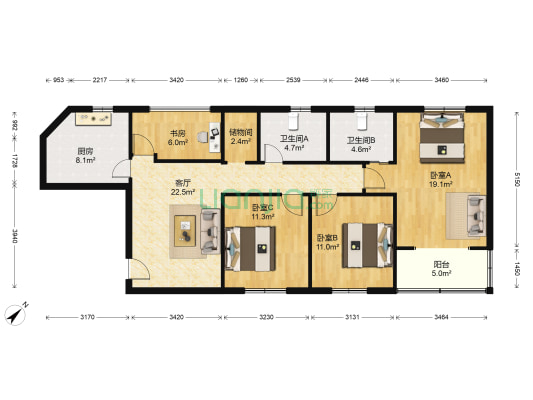 梦蝶苑 4室1厅2卫 128平方