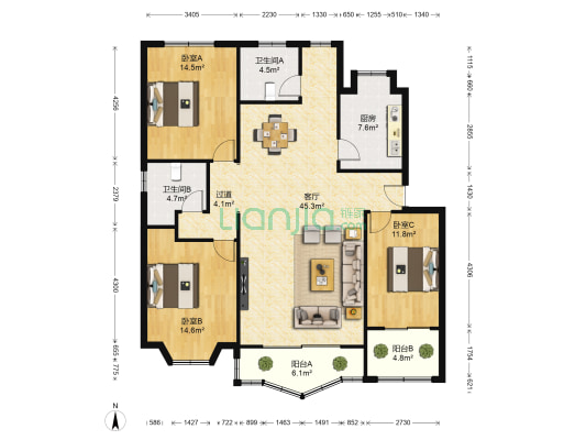 湖畔新村 3室1厅2卫 126平方