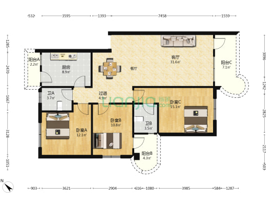 天海城 3室1厅2卫 124平方