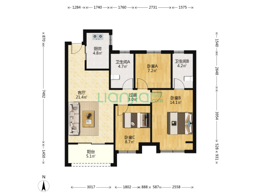 云珑府 3室1厅2卫 95平方