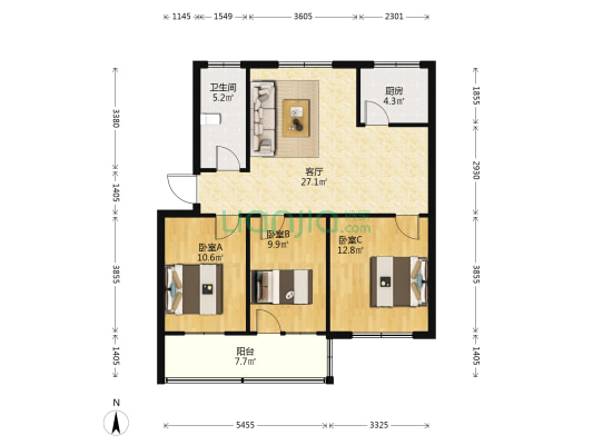 阳光公寓 3室1厅1卫 100平方