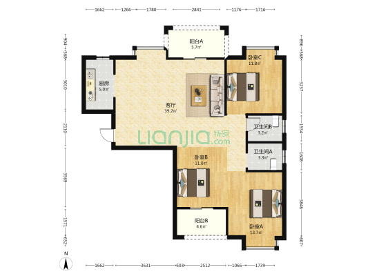 快洲新苑 3室1厅2卫 122平方
