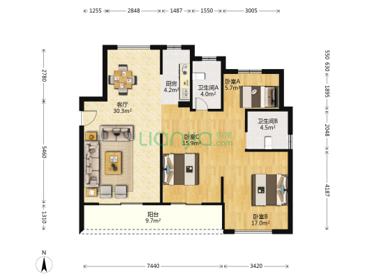 朴石翰府 3室1厅2卫 122平方朴石翰府户型图根据链家网调查数据显示