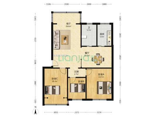 供电局宿舍 3室2厅1卫 105平方
