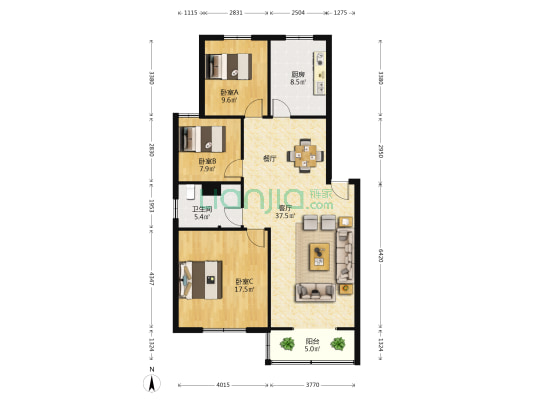 博微家园 3室1厅1卫 107平方