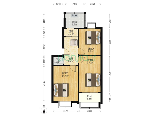 谈固小区铁三局二处宿舍 3室1厅1卫 65平方