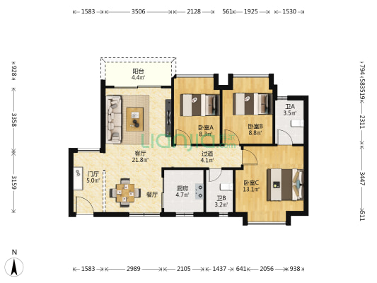 中恒海晖花园 3室1厅2卫 89平方
