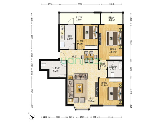 钻石小区 3室1厅2卫 114平方