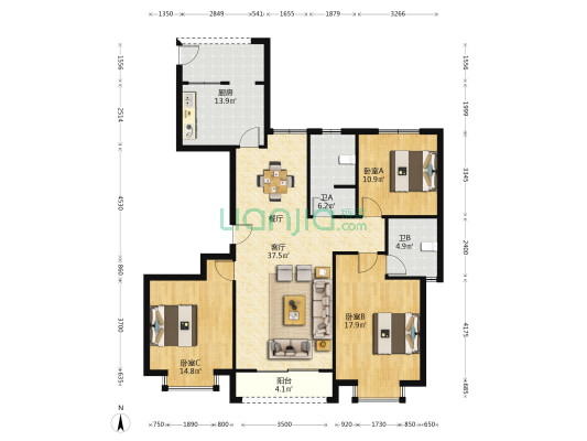 鸿运佳苑 3室1厅2卫 143平方