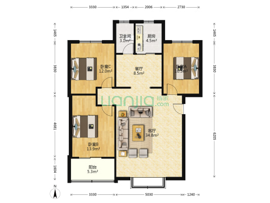 团结小区 3室2厅1卫 105平方