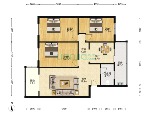 西安北路90号 3室2厅1卫 126平方