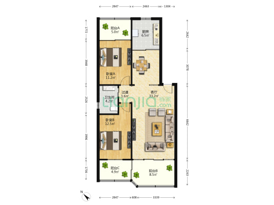 兴国路 2室1厅1卫 109平方