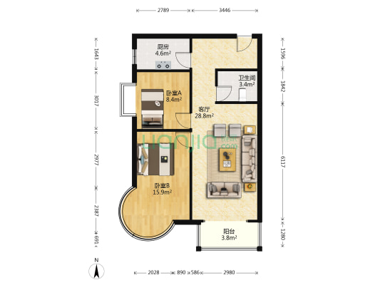 转角大飘窗，采光好，视野好。。-户型图