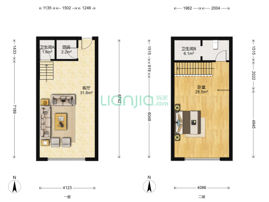 新兴中山八号 1室1厅2卫 54平方