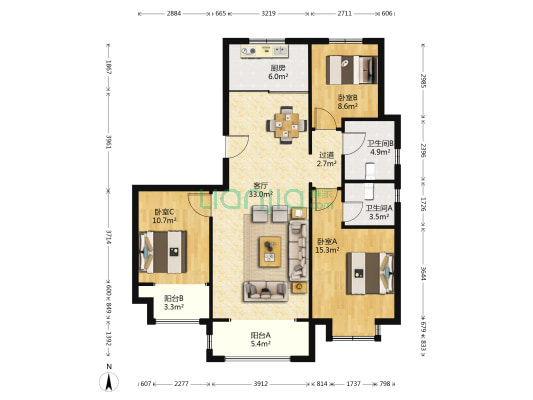 东城名郡(蓝鳌路) 3室1厅2卫 130平方