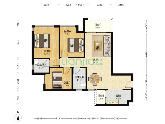 莲花新城 3室1厅2卫 96平方