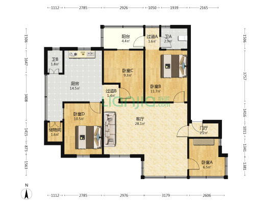 跃华路495号 4室1厅2卫 81平方