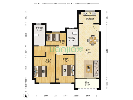 观溪和园 3室1厅2卫 110平方