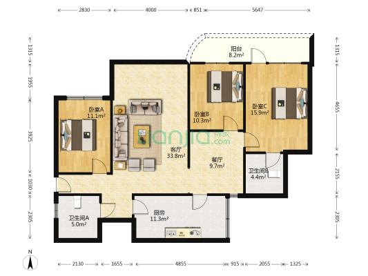 金领北路11号 3室2厅2卫 126平方