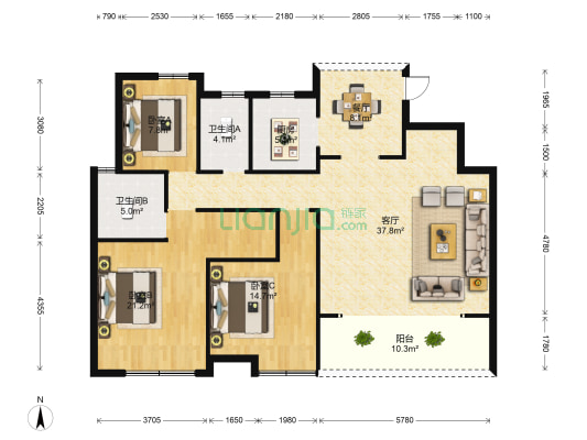 阳光水岸 3室2厅2卫 126平方