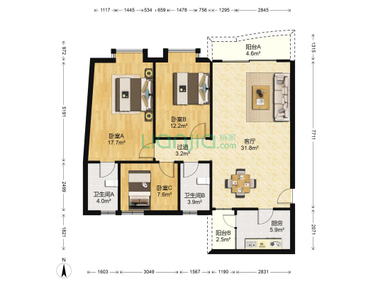 碧华豪庭 3室1厅2卫 107平方