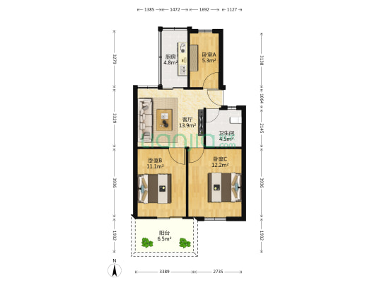 后滨路 3室1厅1卫 68平方