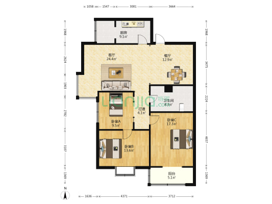 轻工厅高层 3室2厅1卫 134平方