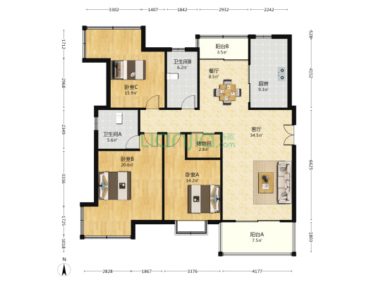 古龙公寓 3室2厅2卫 140平方