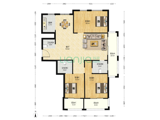 前林家园 3室1厅3卫 165平方