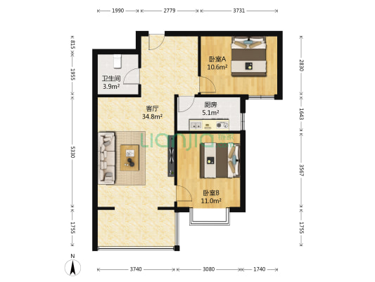 方达家园 2室1厅1卫 88平方
