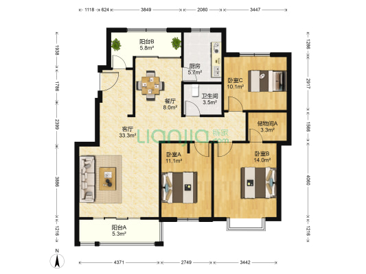 千禧国际村一期 3室2厅1卫 127平方