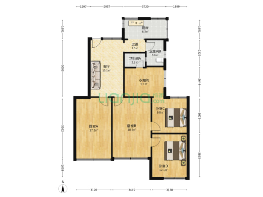 果研所家属院 4室1厅2卫 110平方