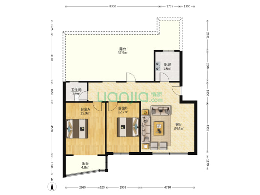 政法街德信公园全南三阳开泰两居带露台-户型图