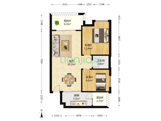 联发欣悦 2室1厅1卫 74平方