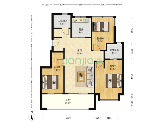 兴港和昌湖畔云栖 3室1厅2卫 109平方