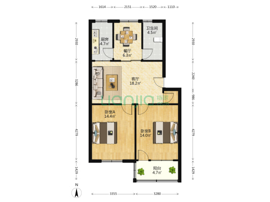 皋南四组团 2室2厅1卫 82平方