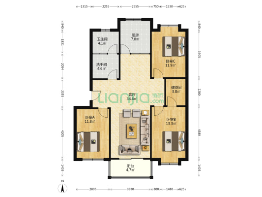 福华庄园 3室1厅2卫 118平方