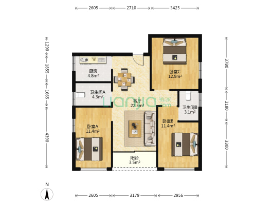大布村 3室1厅2卫 90平方